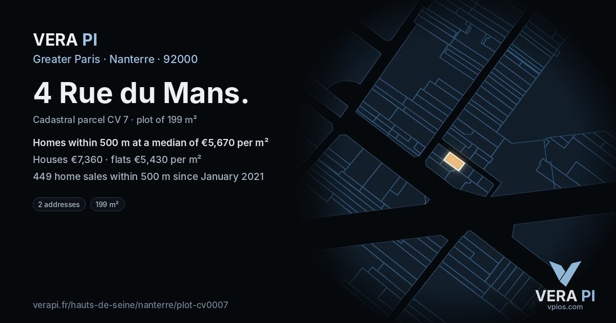 4 Rue du Mans, Nanterre at night – the plot lit, the parcels around coloured by the prices near them