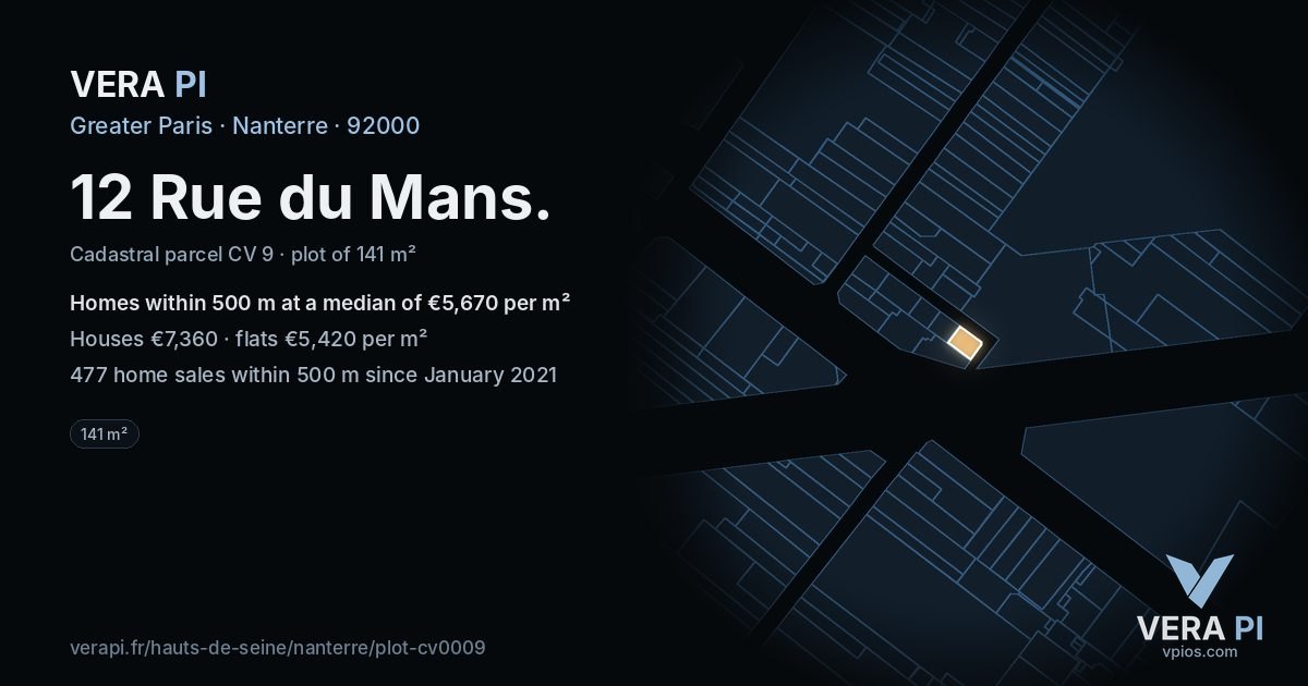 12 Rue du Mans, Nanterre at night – the plot lit, the parcels around coloured by the prices near them