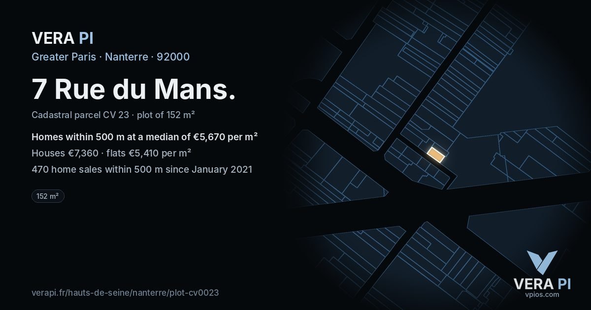 7 Rue du Mans, Nanterre at night – the plot lit, the parcels around coloured by the prices near them
