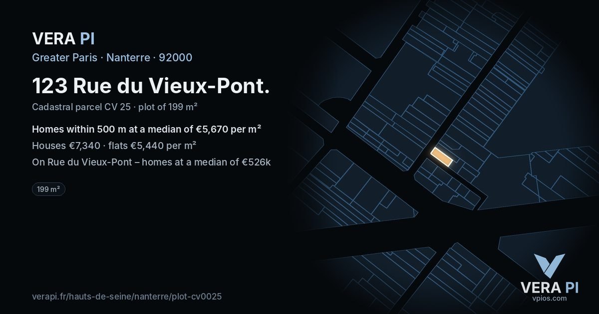 123 Rue du Vieux-Pont, Nanterre at night – the plot lit, the parcels around coloured by the prices near them