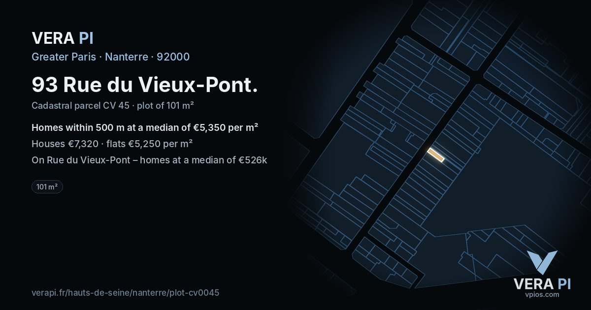 93 Rue du Vieux-Pont, Nanterre at night – the plot lit, the parcels around coloured by the prices near them