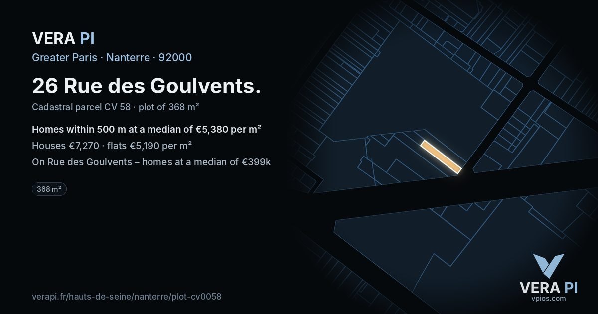 26 Rue des Goulvents, Nanterre at night – the plot lit, the parcels around coloured by the prices near them