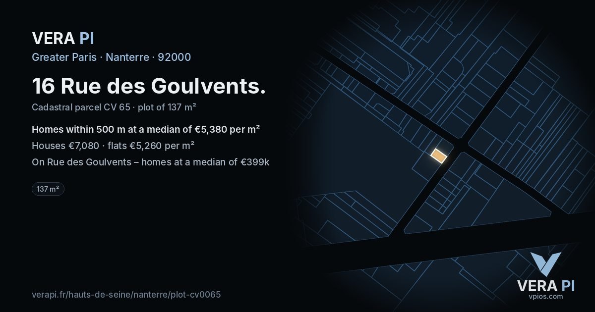 16 Rue des Goulvents, Nanterre at night – the plot lit, the parcels around coloured by the prices near them