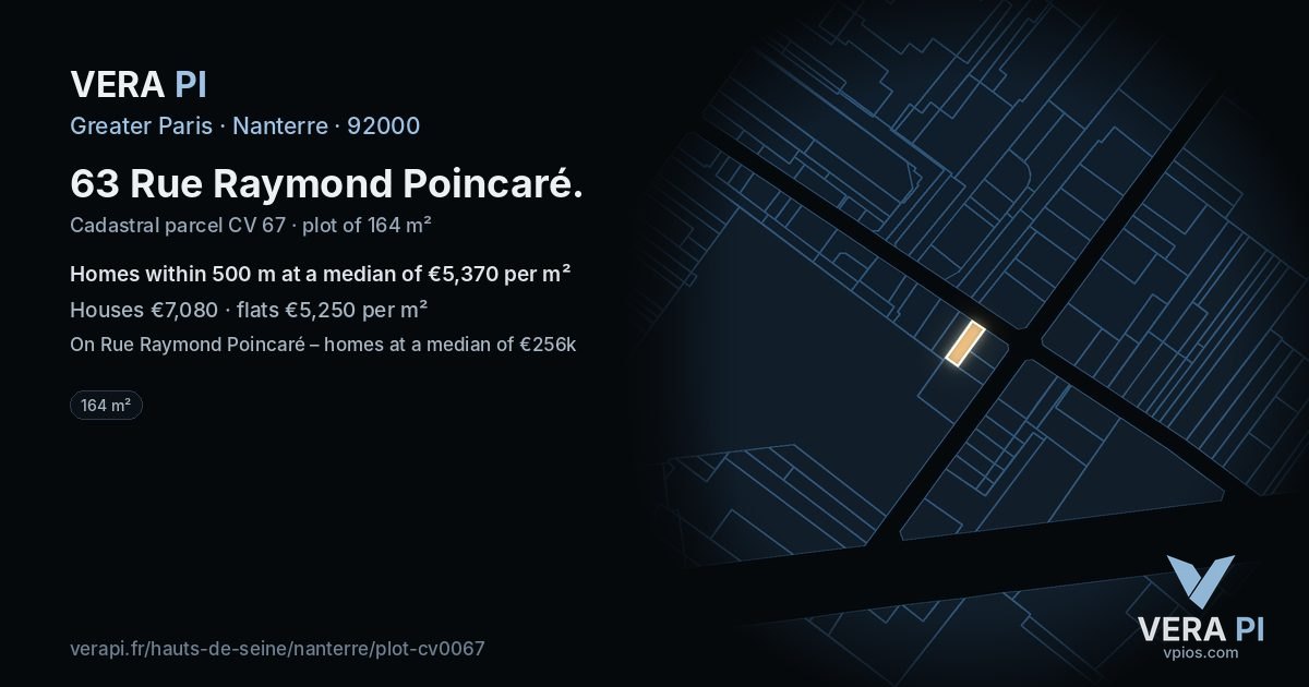 63 Rue Raymond Poincaré, Nanterre at night – the plot lit, the parcels around coloured by the prices near them