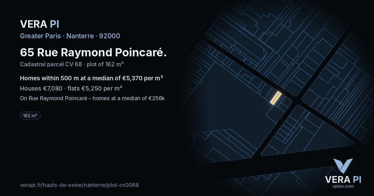65 Rue Raymond Poincaré, Nanterre at night – the plot lit, the parcels around coloured by the prices near them