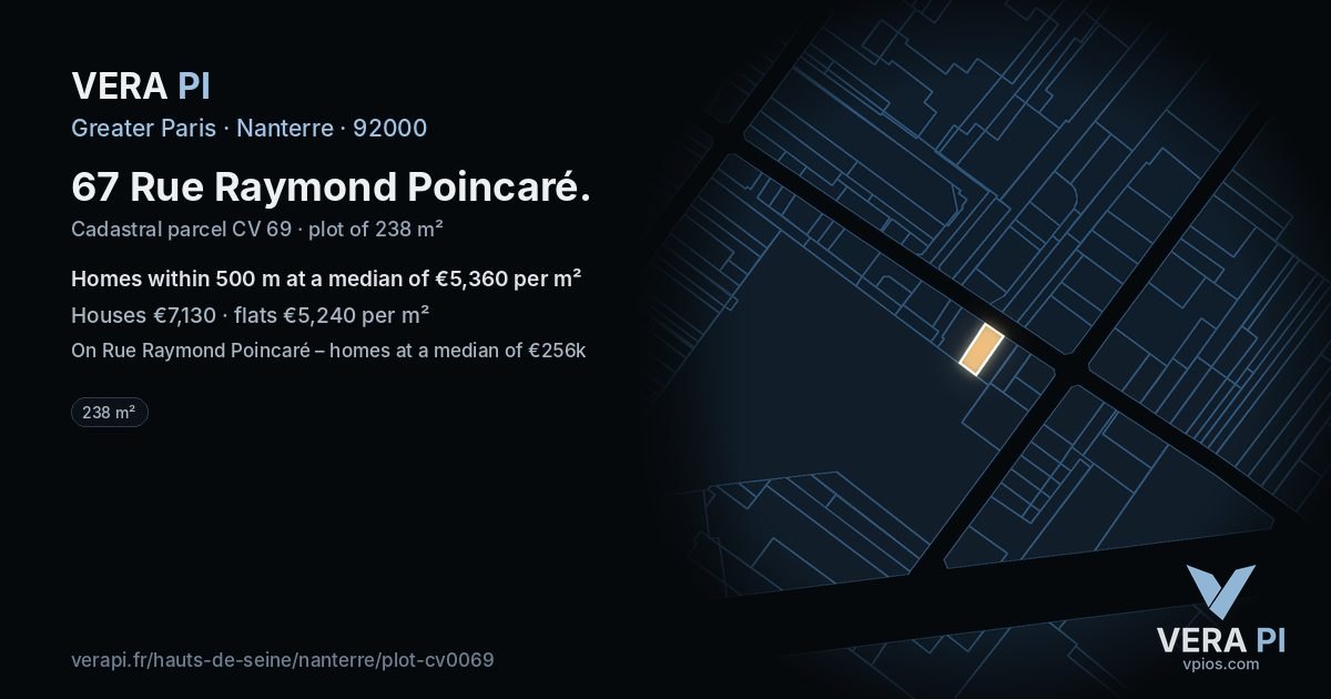 67 Rue Raymond Poincaré, Nanterre at night – the plot lit, the parcels around coloured by the prices near them