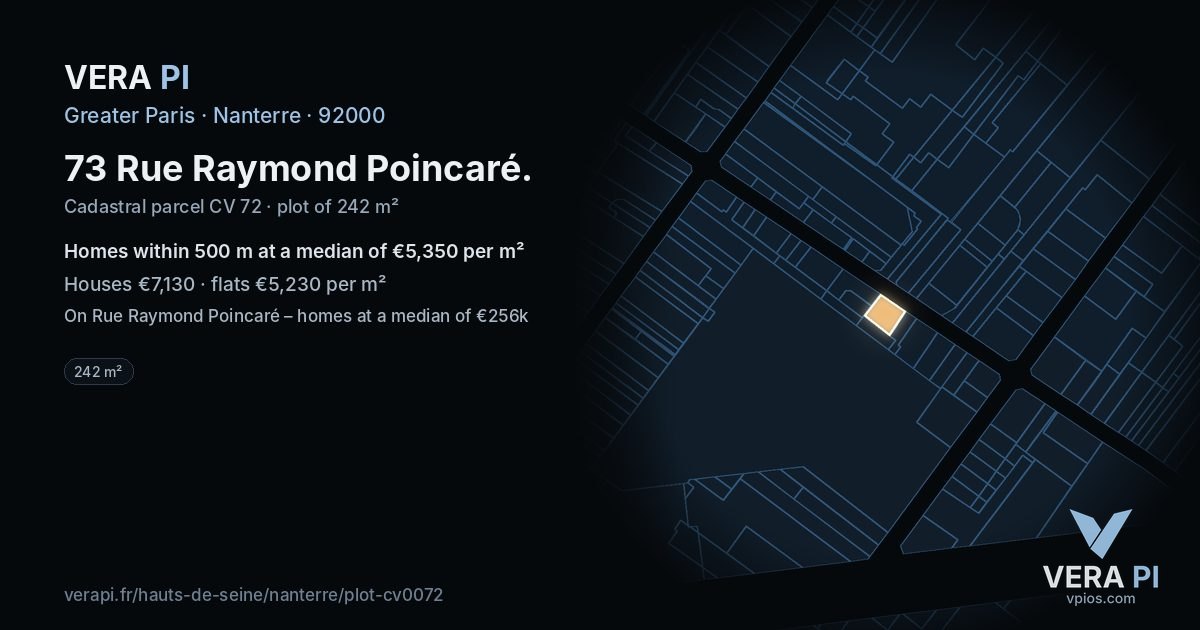73 Rue Raymond Poincaré, Nanterre at night – the plot lit, the parcels around coloured by the prices near them