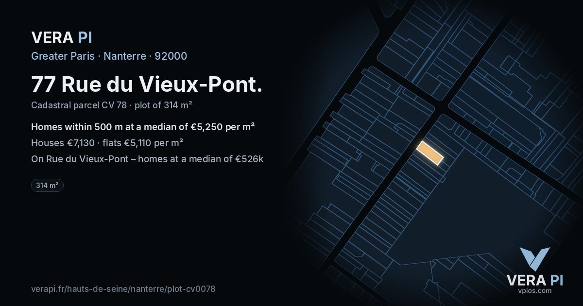77 Rue du Vieux-Pont, Nanterre at night – the plot lit, the parcels around coloured by the prices near them