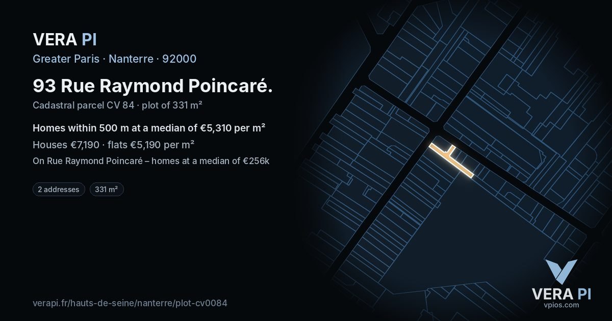 93 Rue Raymond Poincaré, Nanterre at night – the plot lit, the parcels around coloured by the prices near them