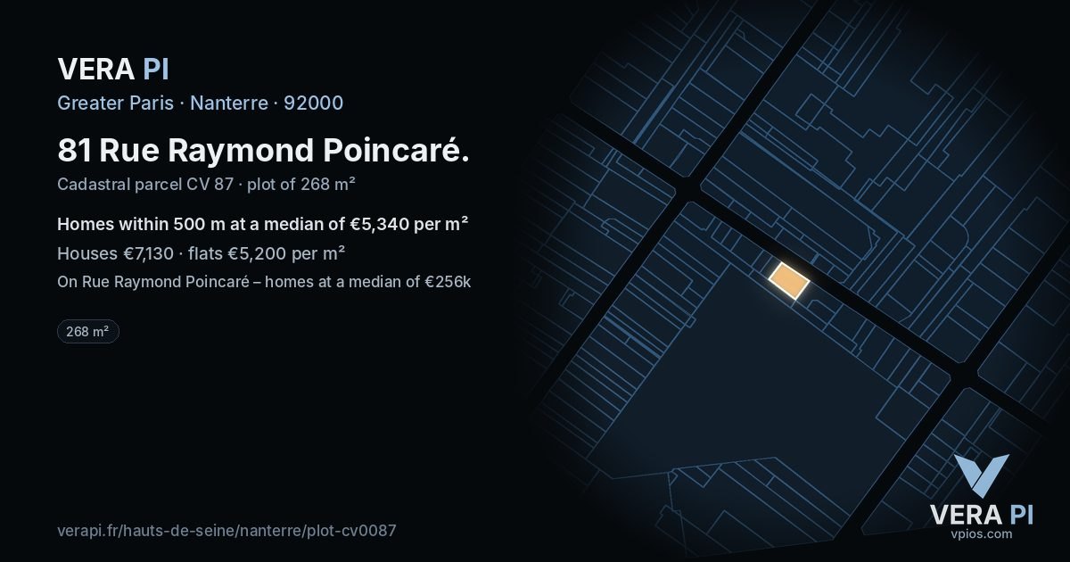 81 Rue Raymond Poincaré, Nanterre at night – the plot lit, the parcels around coloured by the prices near them