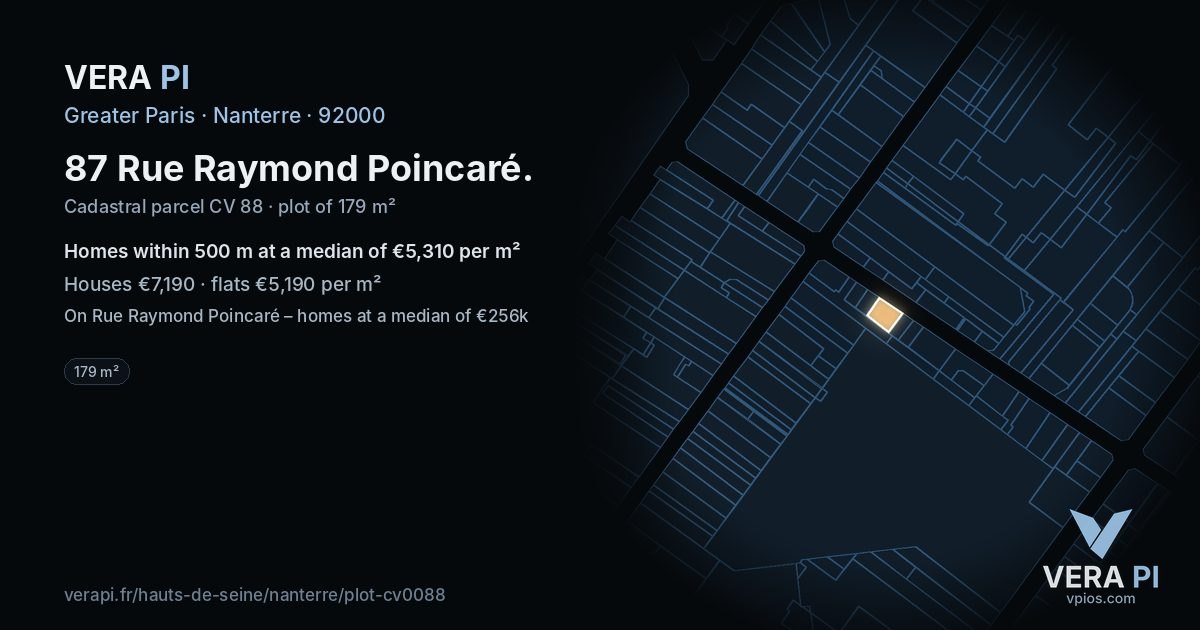 87 Rue Raymond Poincaré, Nanterre at night – the plot lit, the parcels around coloured by the prices near them