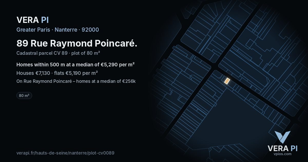 89 Rue Raymond Poincaré, Nanterre at night – the plot lit, the parcels around coloured by the prices near them