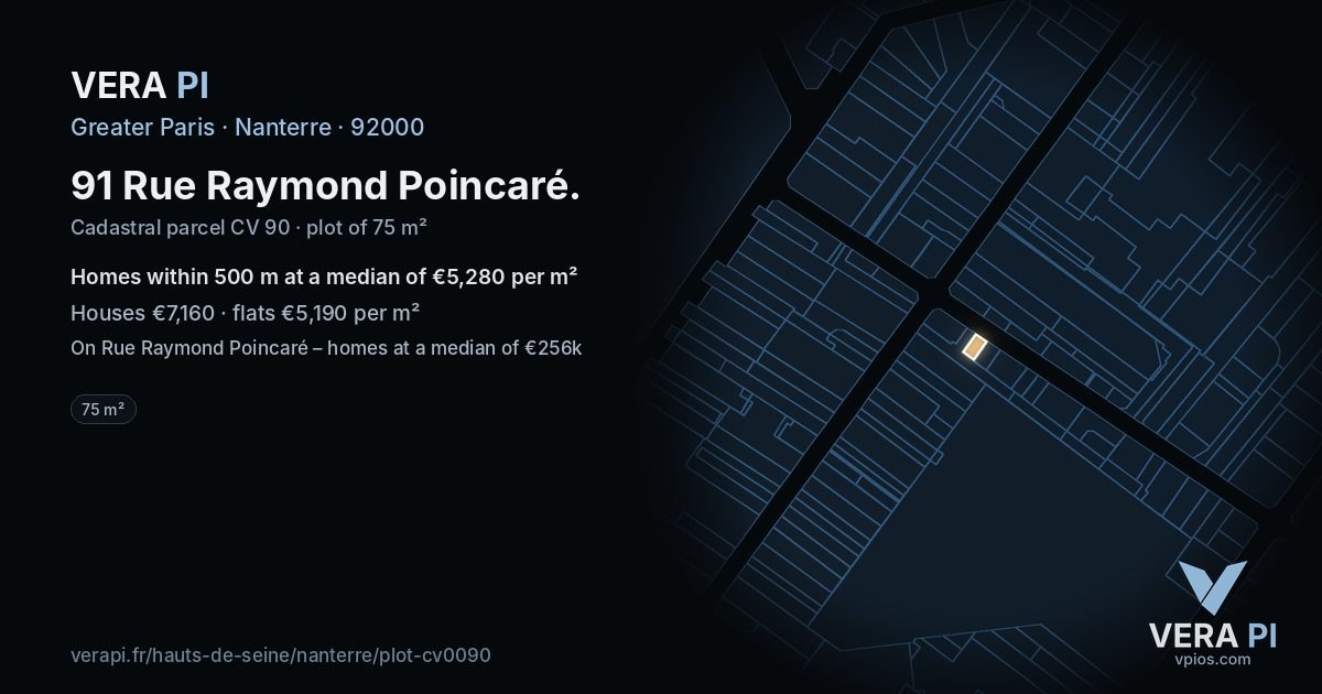 91 Rue Raymond Poincaré, Nanterre at night – the plot lit, the parcels around coloured by the prices near them