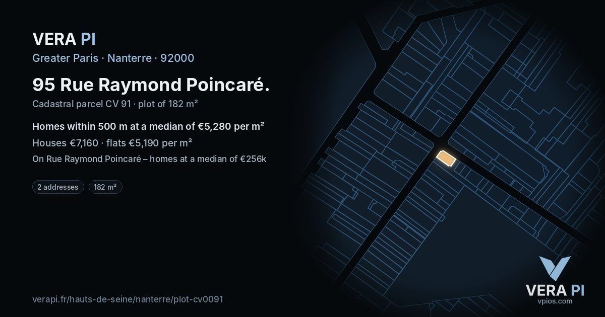 95 Rue Raymond Poincaré, Nanterre at night – the plot lit, the parcels around coloured by the prices near them