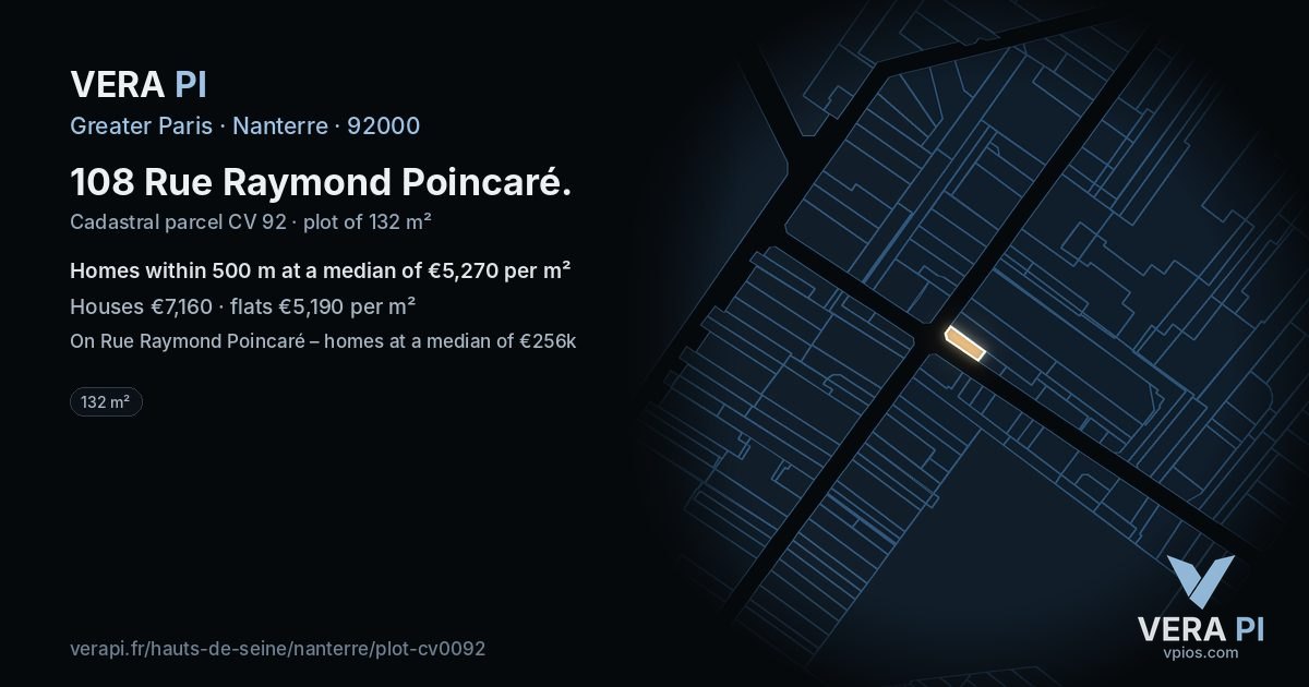 108 Rue Raymond Poincaré, Nanterre at night – the plot lit, the parcels around coloured by the prices near them