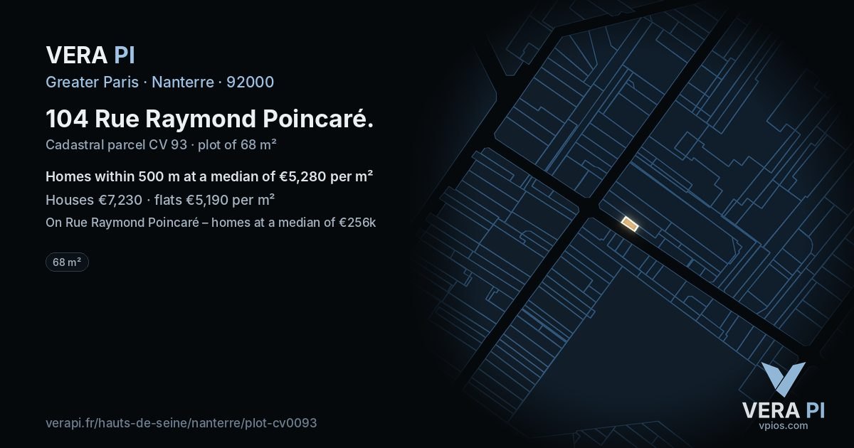 104 Rue Raymond Poincaré, Nanterre at night – the plot lit, the parcels around coloured by the prices near them