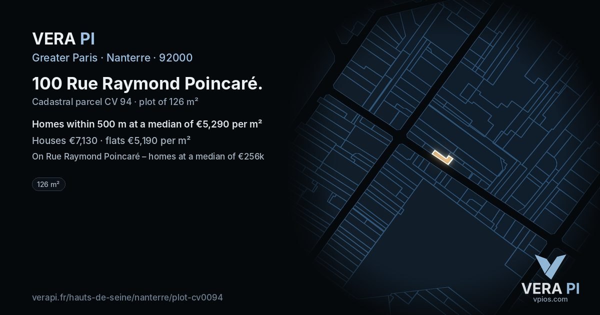 100 Rue Raymond Poincaré, Nanterre at night – the plot lit, the parcels around coloured by the prices near them