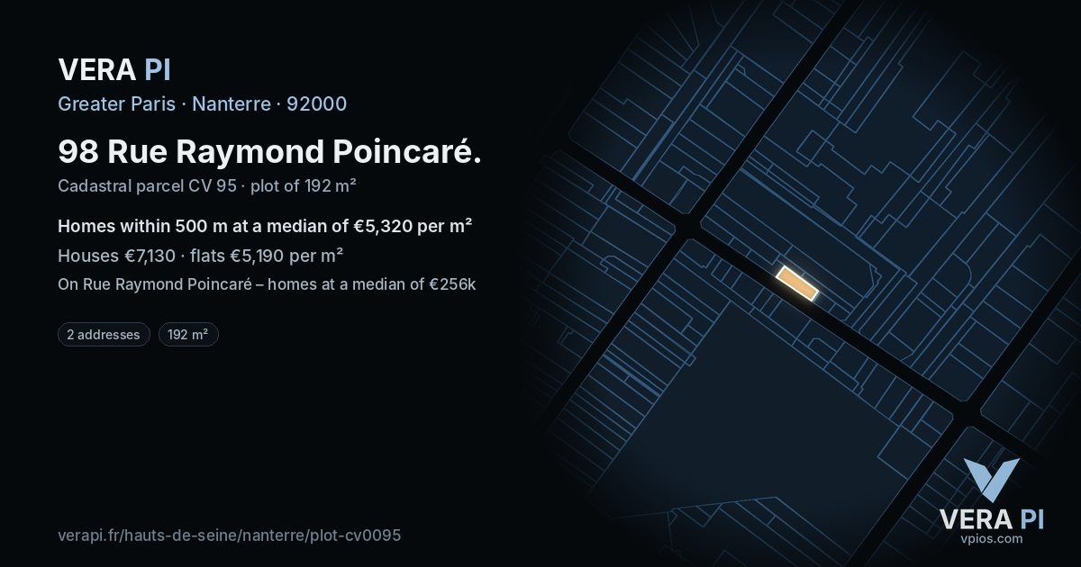 98 Rue Raymond Poincaré, Nanterre at night – the plot lit, the parcels around coloured by the prices near them