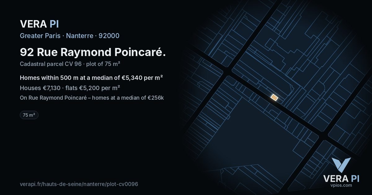 92 Rue Raymond Poincaré, Nanterre at night – the plot lit, the parcels around coloured by the prices near them