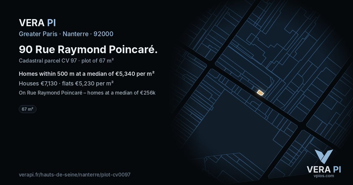 90 Rue Raymond Poincaré, Nanterre at night – the plot lit, the parcels around coloured by the prices near them