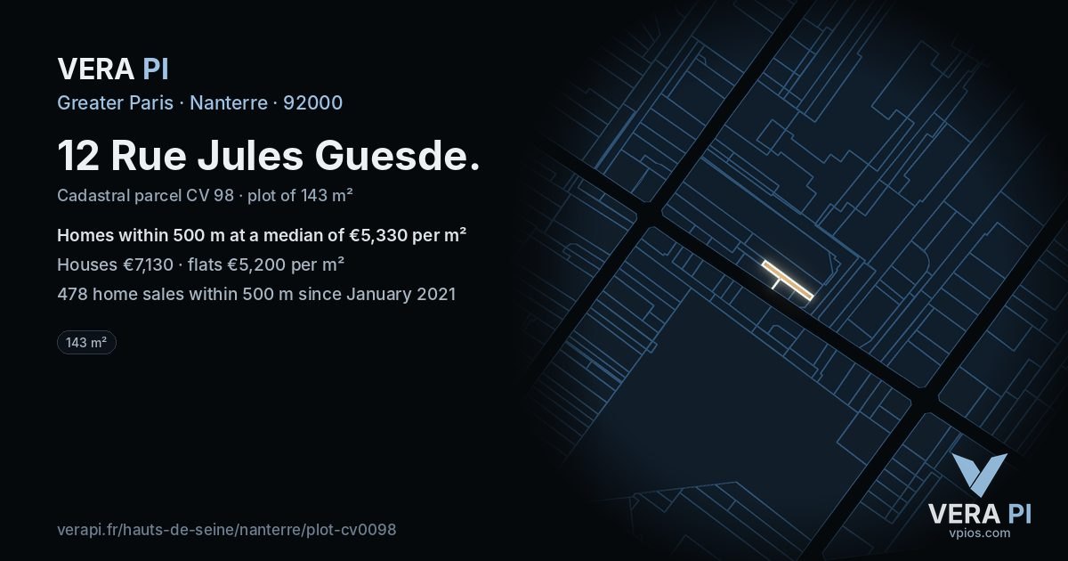 12 Rue Jules Guesde, Nanterre at night – the plot lit, the parcels around coloured by the prices near them