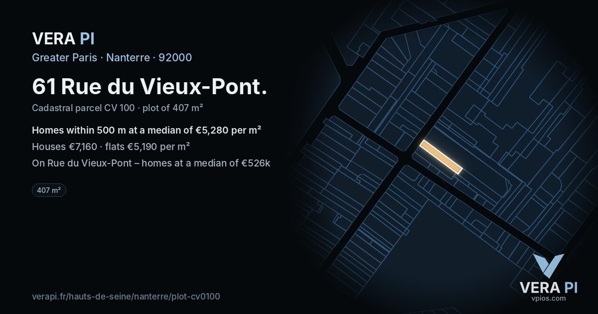 61 Rue du Vieux-Pont, Nanterre at night – the plot lit, the parcels around coloured by the prices near them