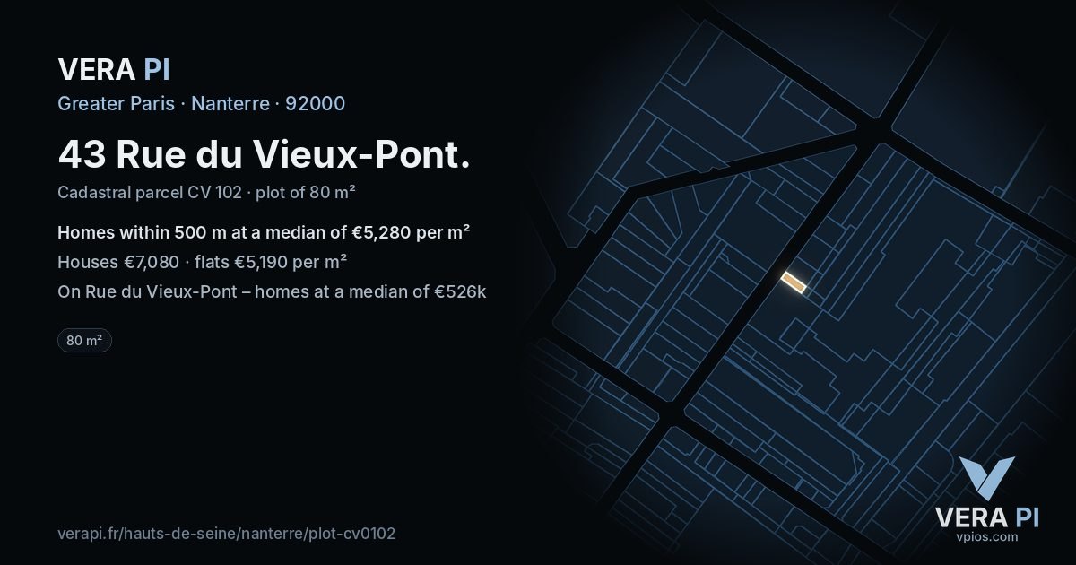 43 Rue du Vieux-Pont, Nanterre at night – the plot lit, the parcels around coloured by the prices near them