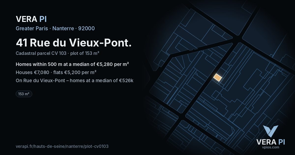 41 Rue du Vieux-Pont, Nanterre at night – the plot lit, the parcels around coloured by the prices near them