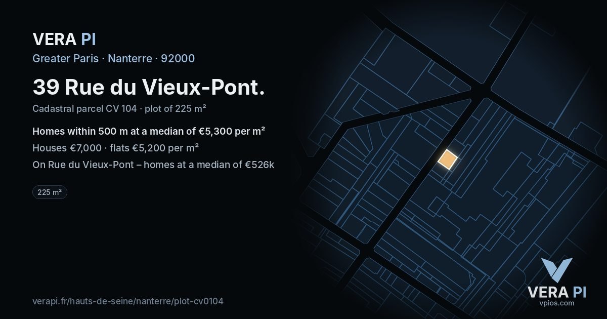 39 Rue du Vieux-Pont, Nanterre at night – the plot lit, the parcels around coloured by the prices near them