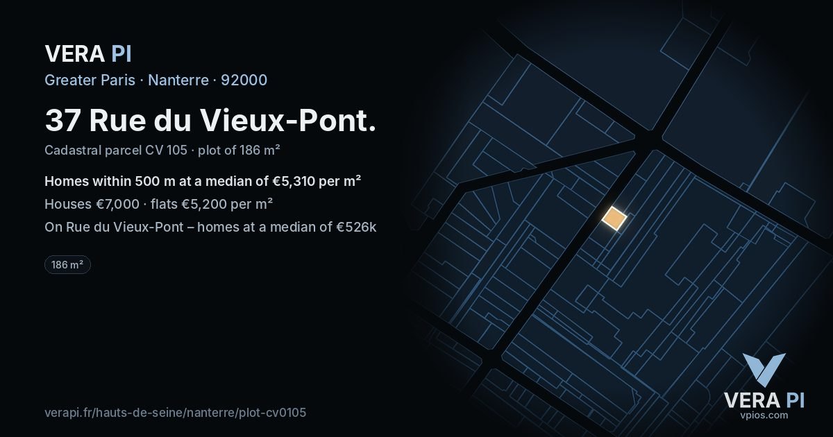 37 Rue du Vieux-Pont, Nanterre at night – the plot lit, the parcels around coloured by the prices near them
