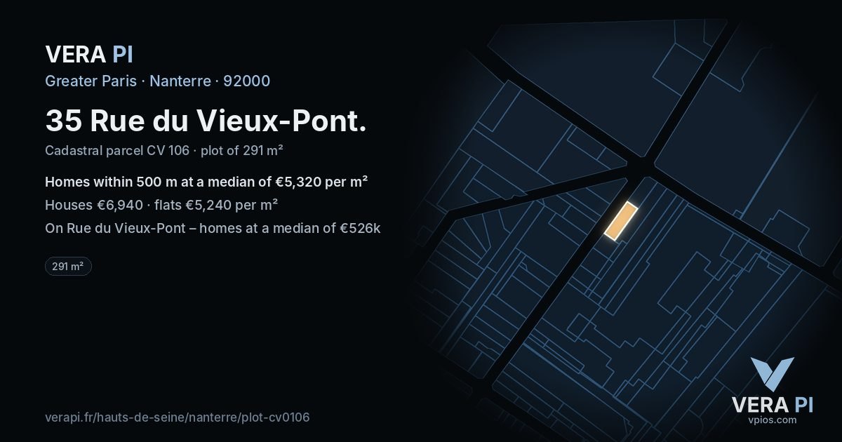 35 Rue du Vieux-Pont, Nanterre at night – the plot lit, the parcels around coloured by the prices near them