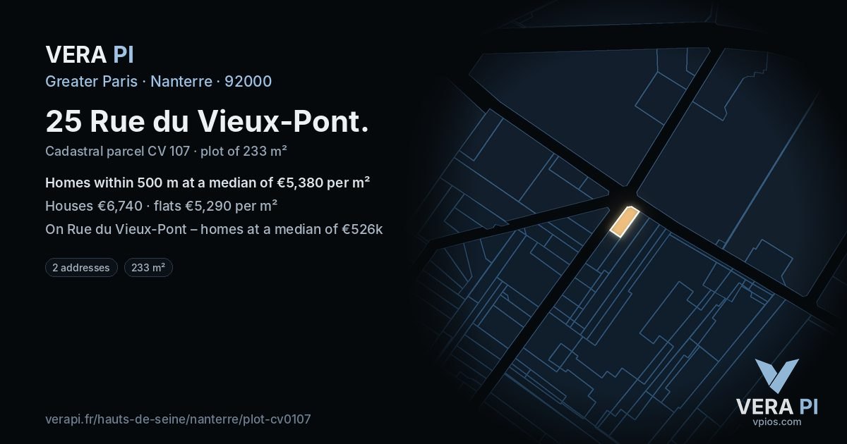 25 Rue du Vieux-Pont, Nanterre at night – the plot lit, the parcels around coloured by the prices near them