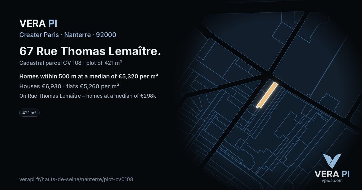 67 Rue Thomas Lemaître, Nanterre at night – the plot lit, the parcels around coloured by the prices near them