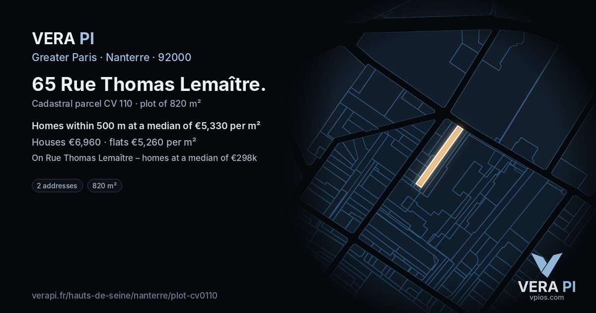 65 Rue Thomas Lemaître, Nanterre at night – the plot lit, the parcels around coloured by the prices near them