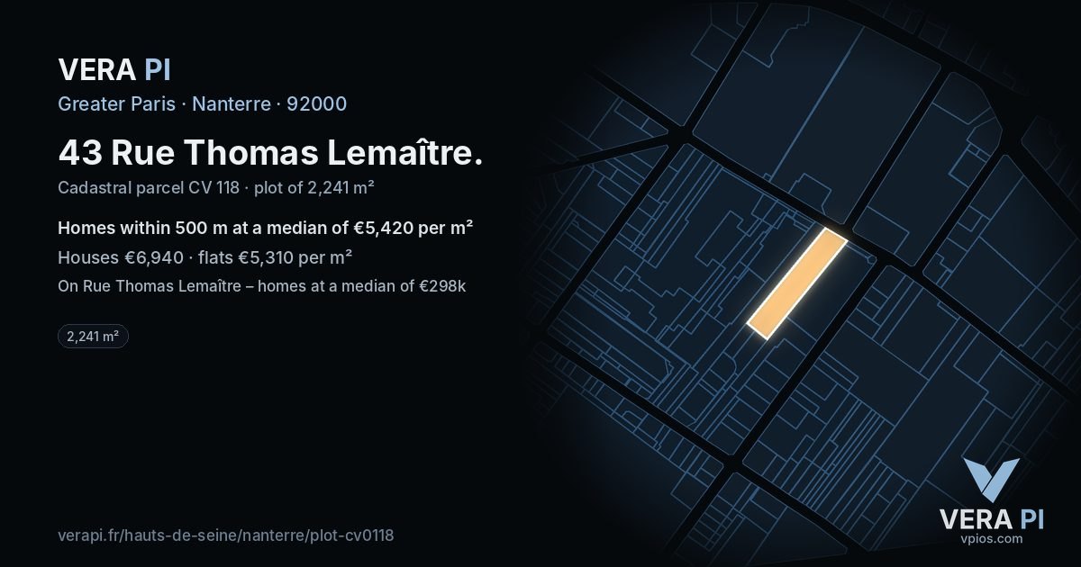 43 Rue Thomas Lemaître, Nanterre at night – the plot lit, the parcels around coloured by the prices near them