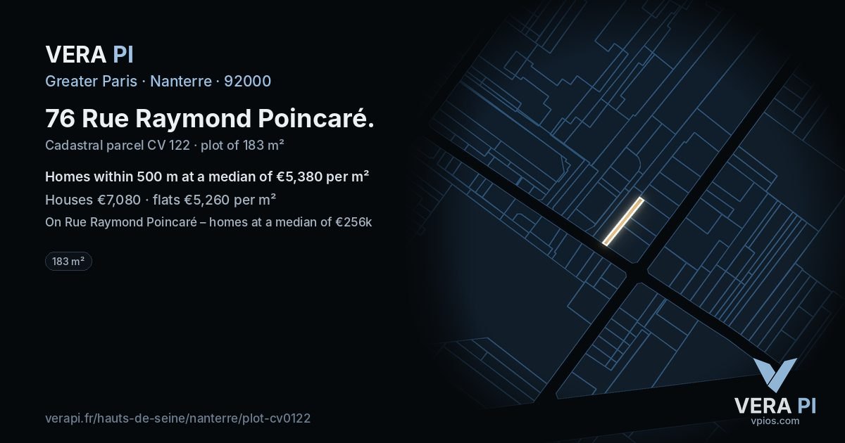 76 Rue Raymond Poincaré, Nanterre at night – the plot lit, the parcels around coloured by the prices near them