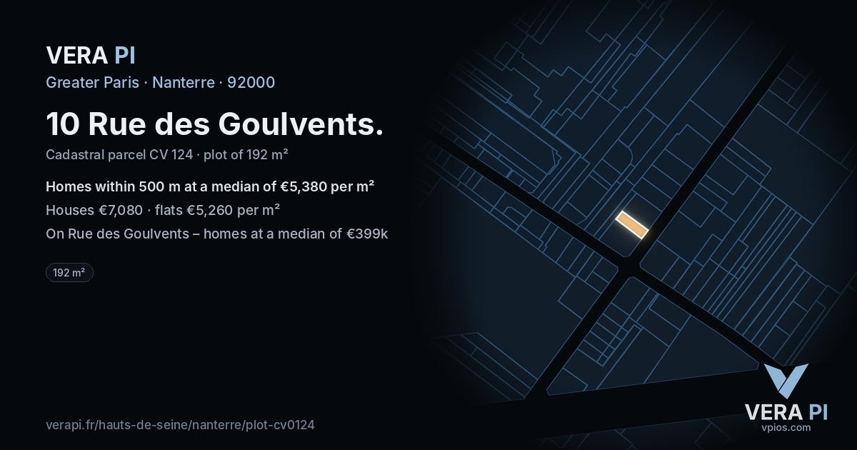 10 Rue des Goulvents, Nanterre at night – the plot lit, the parcels around coloured by the prices near them