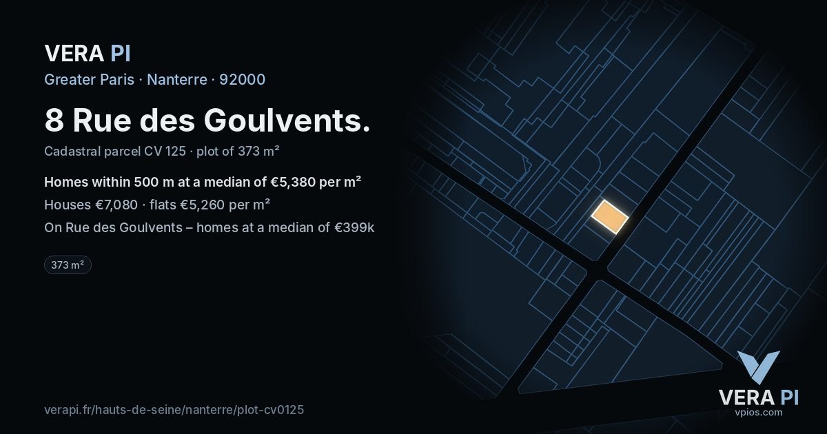 8 Rue des Goulvents, Nanterre at night – the plot lit, the parcels around coloured by the prices near them