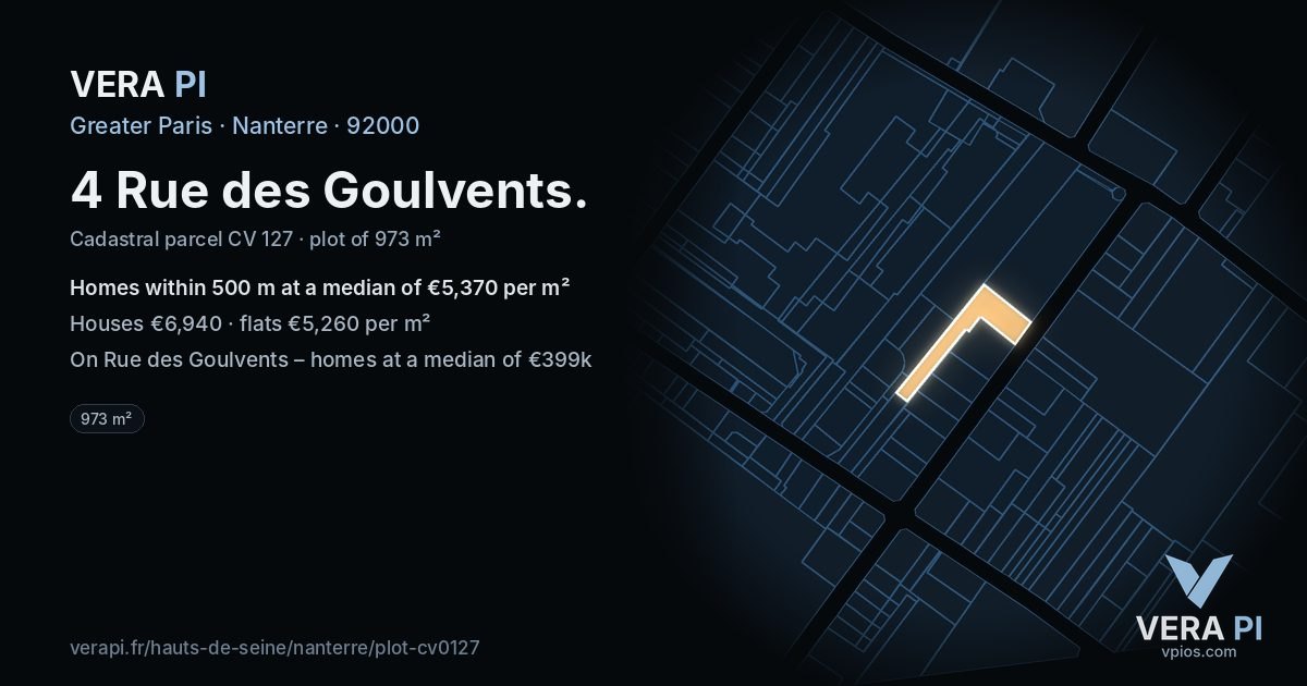 4 Rue des Goulvents, Nanterre at night – the plot lit, the parcels around coloured by the prices near them