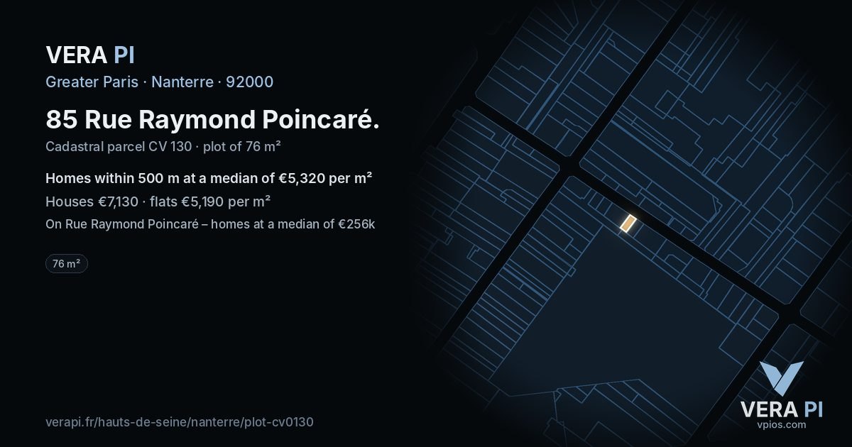 85 Rue Raymond Poincaré, Nanterre at night – the plot lit, the parcels around coloured by the prices near them