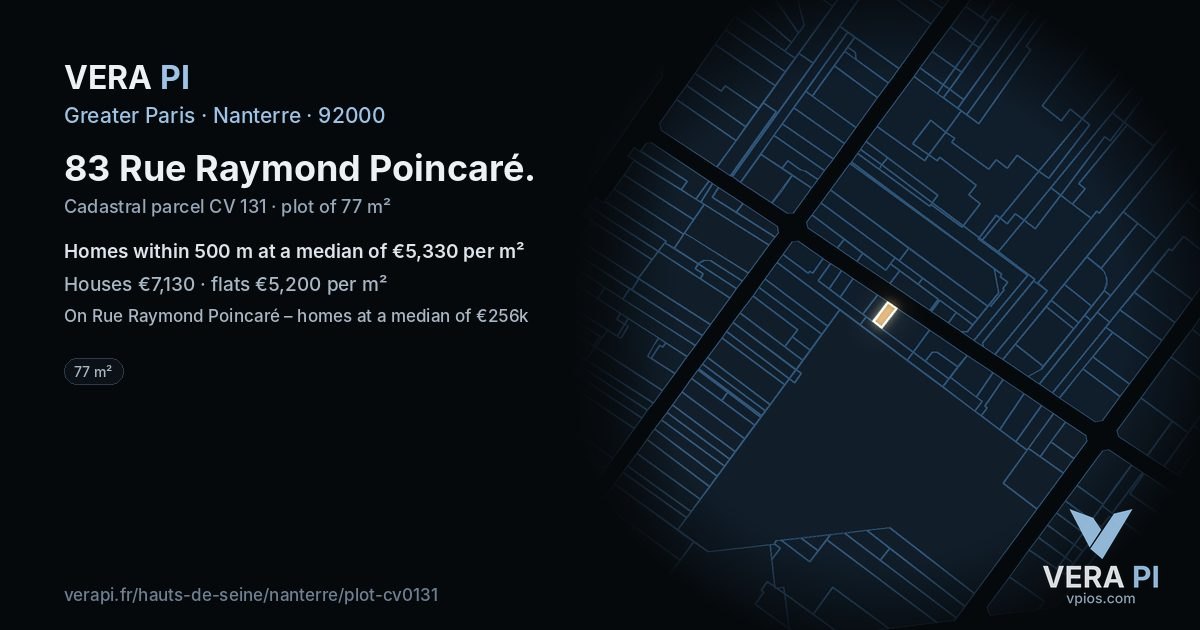 83 Rue Raymond Poincaré, Nanterre at night – the plot lit, the parcels around coloured by the prices near them