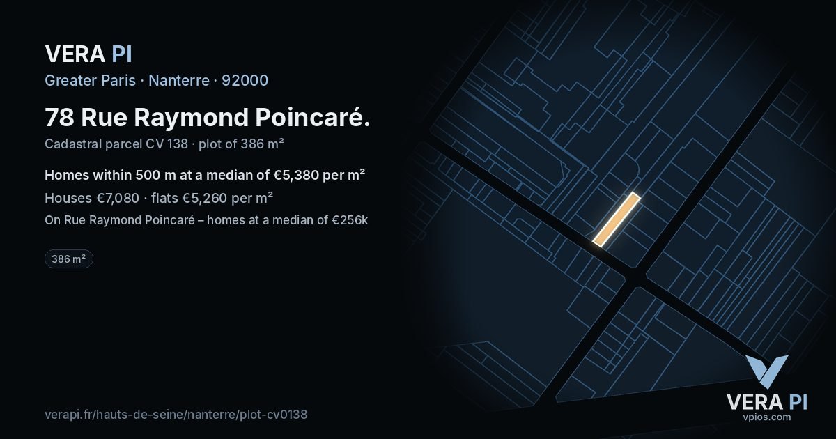 78 Rue Raymond Poincaré, Nanterre at night – the plot lit, the parcels around coloured by the prices near them
