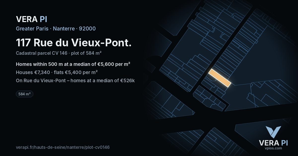117 Rue du Vieux-Pont, Nanterre at night – the plot lit, the parcels around coloured by the prices near them