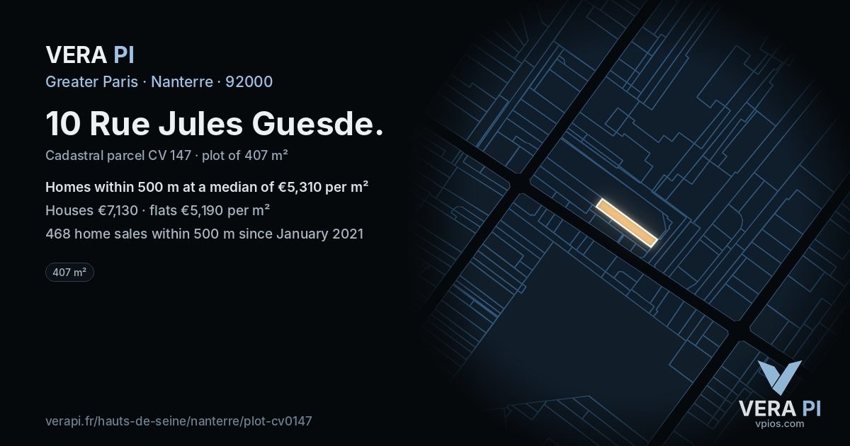10 Rue Jules Guesde, Nanterre at night – the plot lit, the parcels around coloured by the prices near them