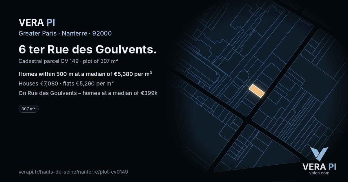 6 ter Rue des Goulvents, Nanterre at night – the plot lit, the parcels around coloured by the prices near them
