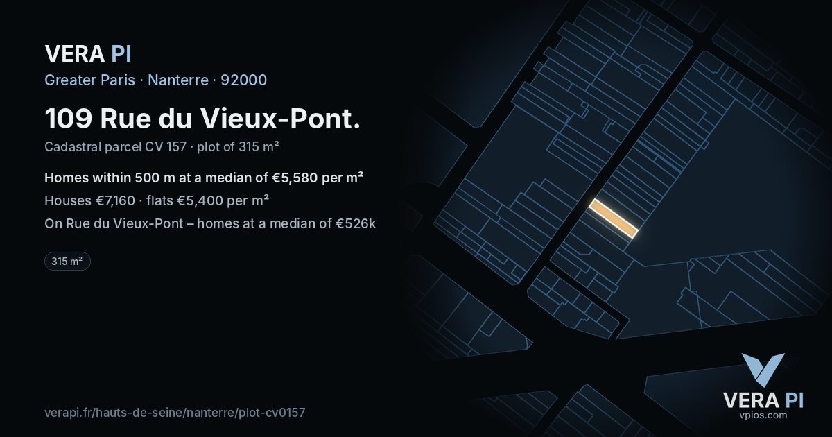 109 Rue du Vieux-Pont, Nanterre at night – the plot lit, the parcels around coloured by the prices near them