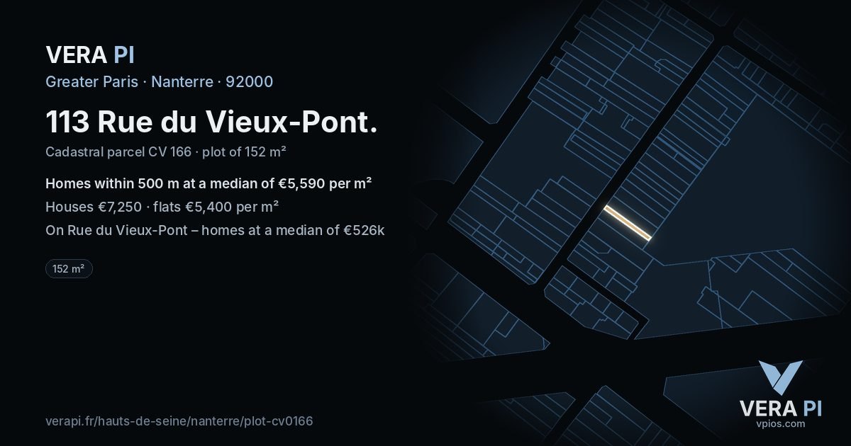 113 Rue du Vieux-Pont, Nanterre at night – the plot lit, the parcels around coloured by the prices near them