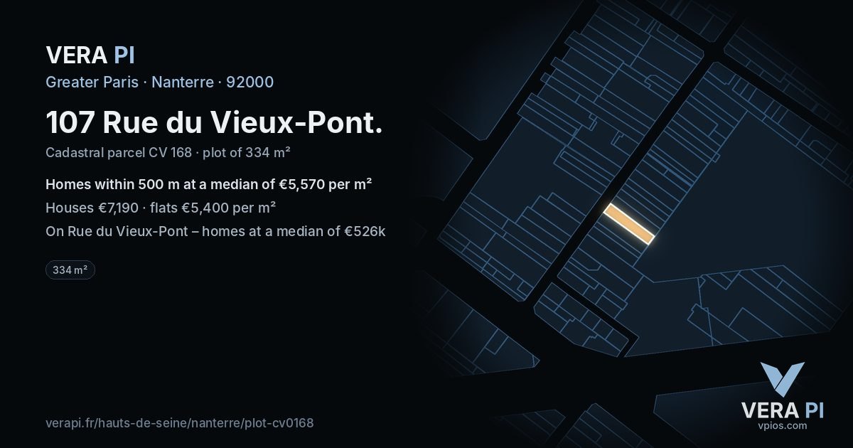 107 Rue du Vieux-Pont, Nanterre at night – the plot lit, the parcels around coloured by the prices near them
