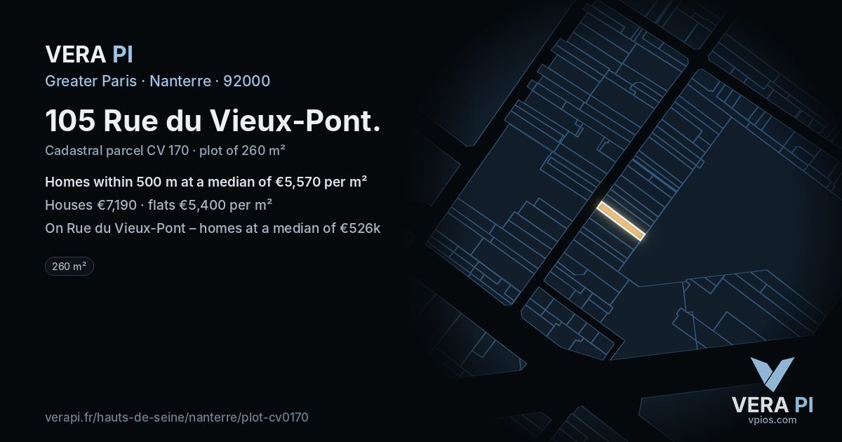 105 Rue du Vieux-Pont, Nanterre at night – the plot lit, the parcels around coloured by the prices near them