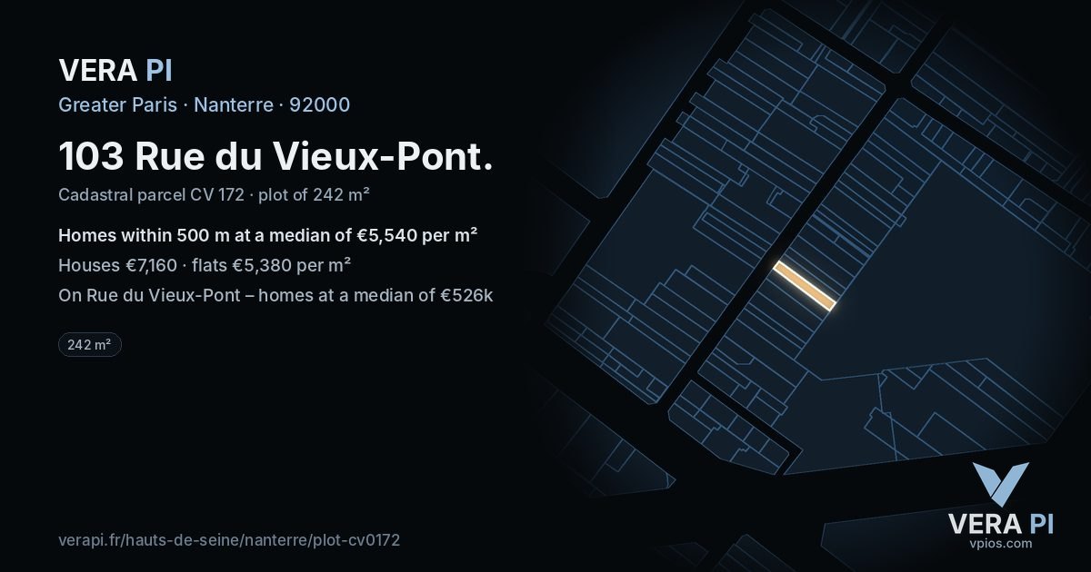 103 Rue du Vieux-Pont, Nanterre at night – the plot lit, the parcels around coloured by the prices near them